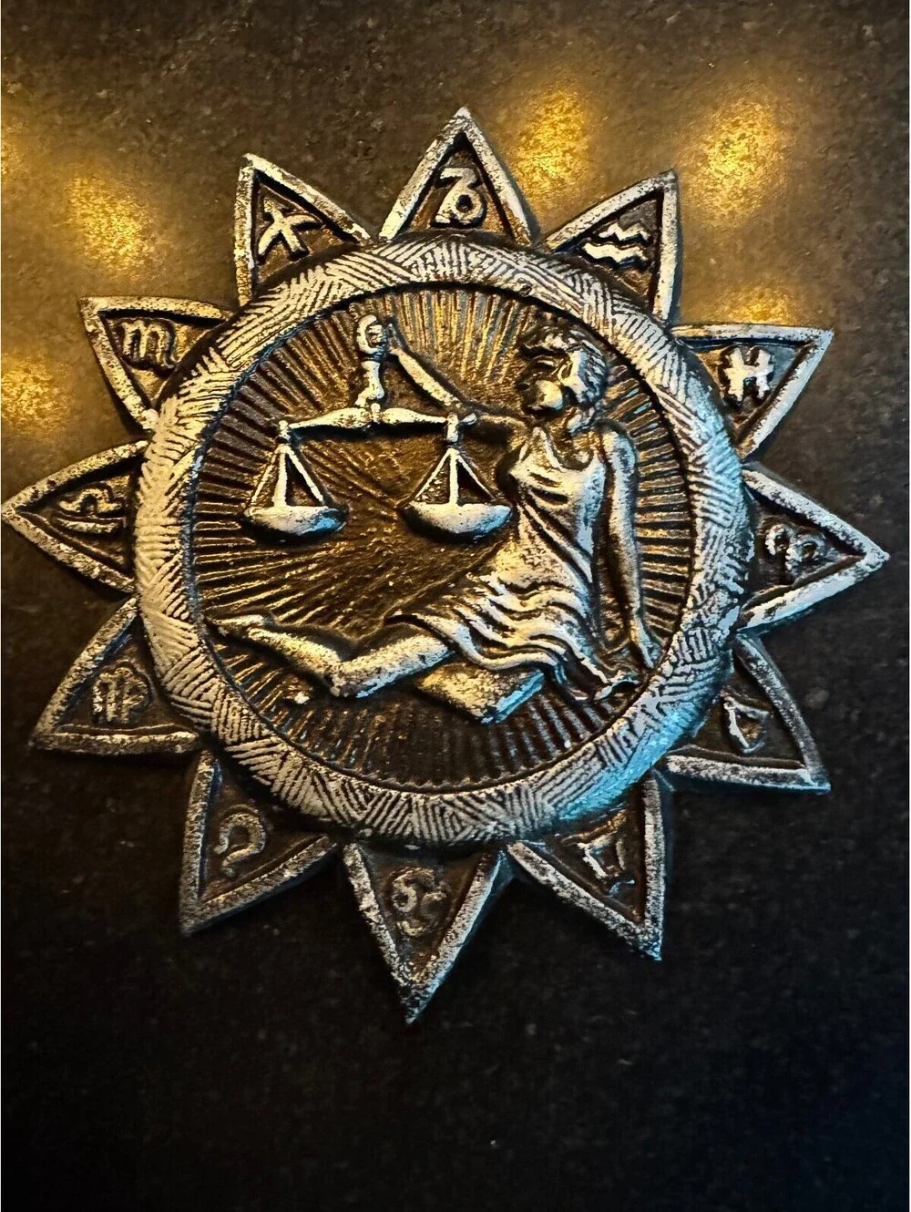 Vintage 1969 E. MESA Cast Aluminum Zodiac Sunburst Wall Plaque - LIBRA Scales